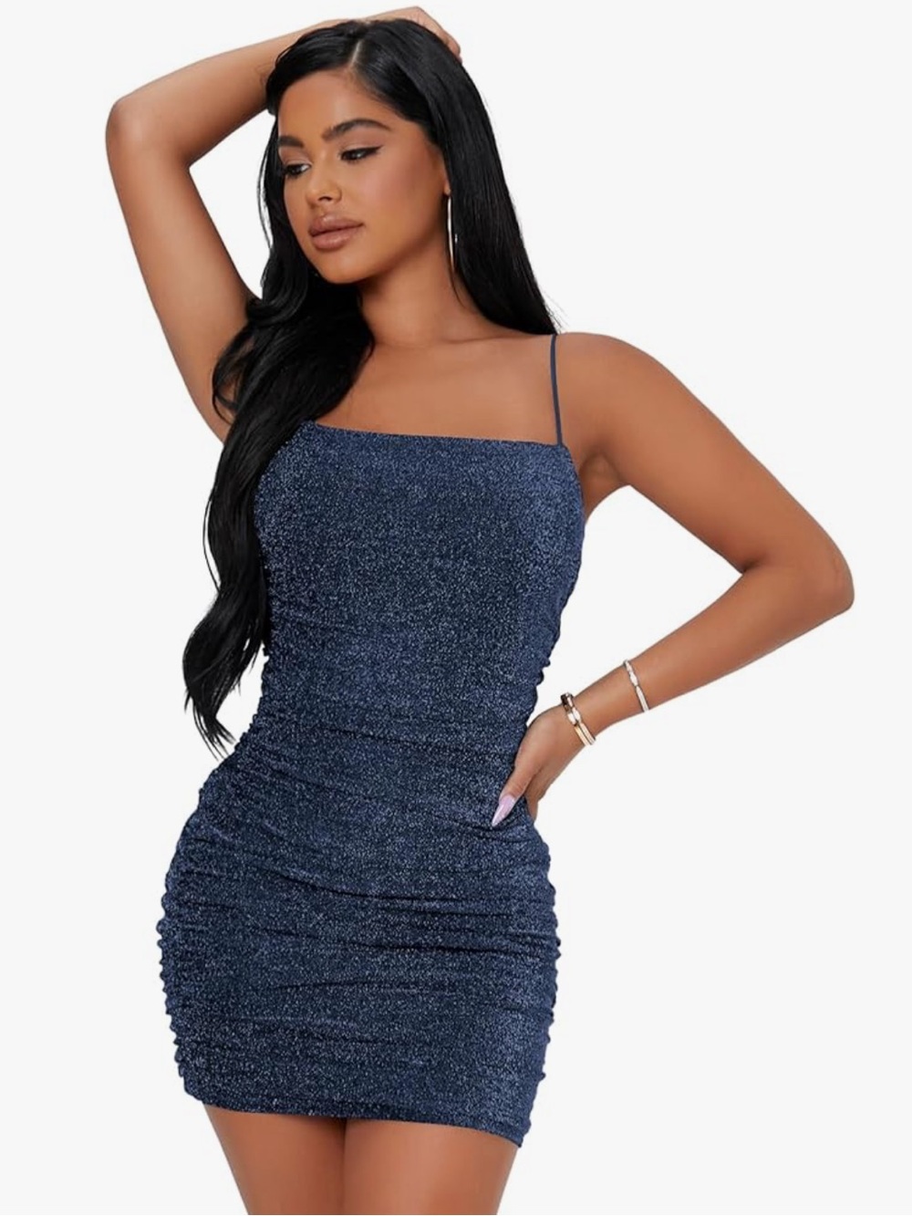 Sparkle Navy Ruched Spaghetti Strap Dress